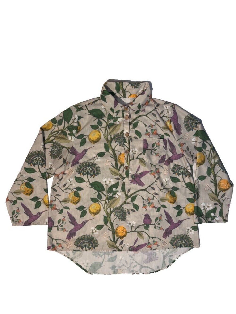 Botanical Citrus Hummingbird Lemon Tree Henley Shirt Button Up 2XL